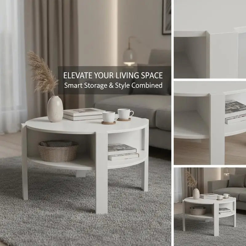 Table basse ronde en bois 2 niveaux avec rangement blanc
