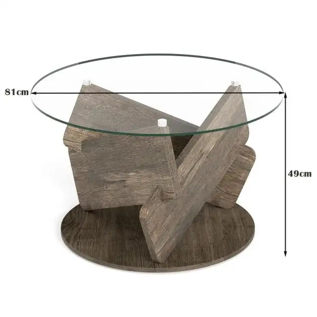 Table basse ronde en bois 32 pouces avec plateau en verre trempé gris