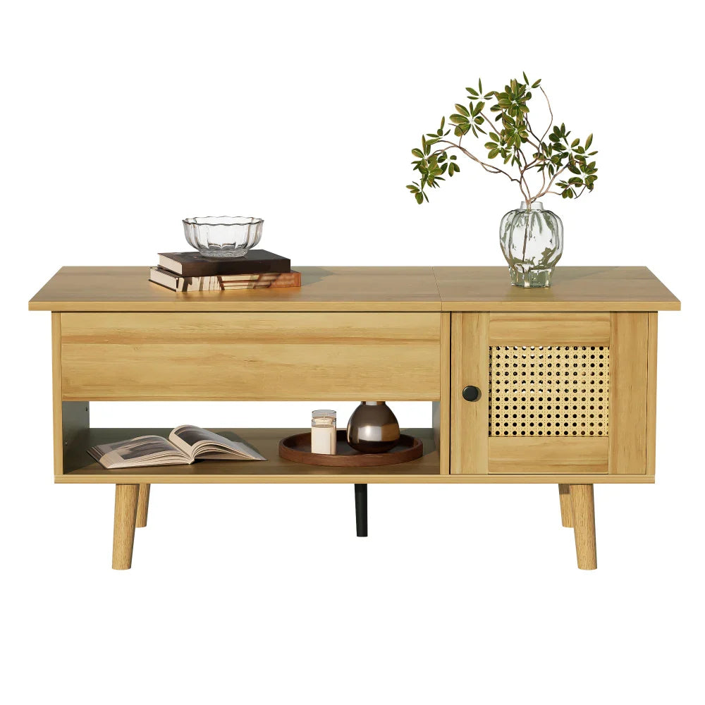 Table basse bois clair avec plateau relevable et portes en rotin 103x50x46 cm