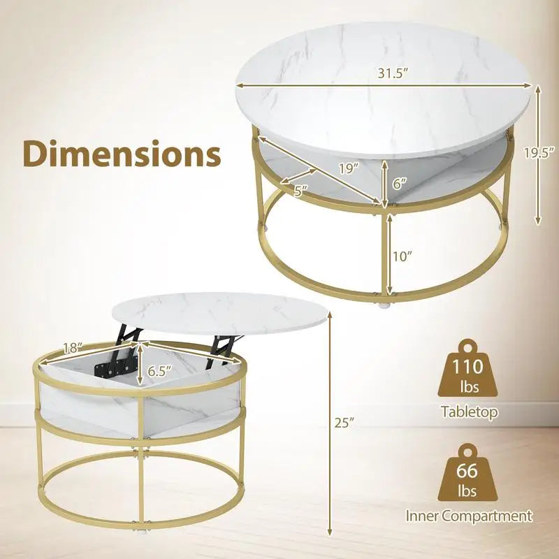 Table basse ronde en bois avec mécanisme lift et rangement caché 80x80x50H cm