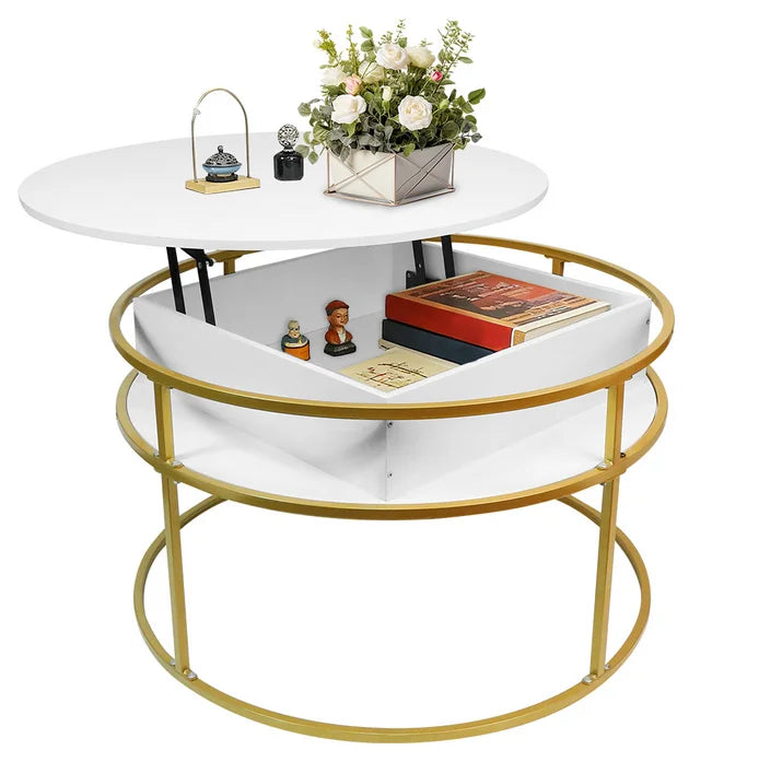 Table basse ronde en bois avec plateau relevable et rangement 80x80x47 cm