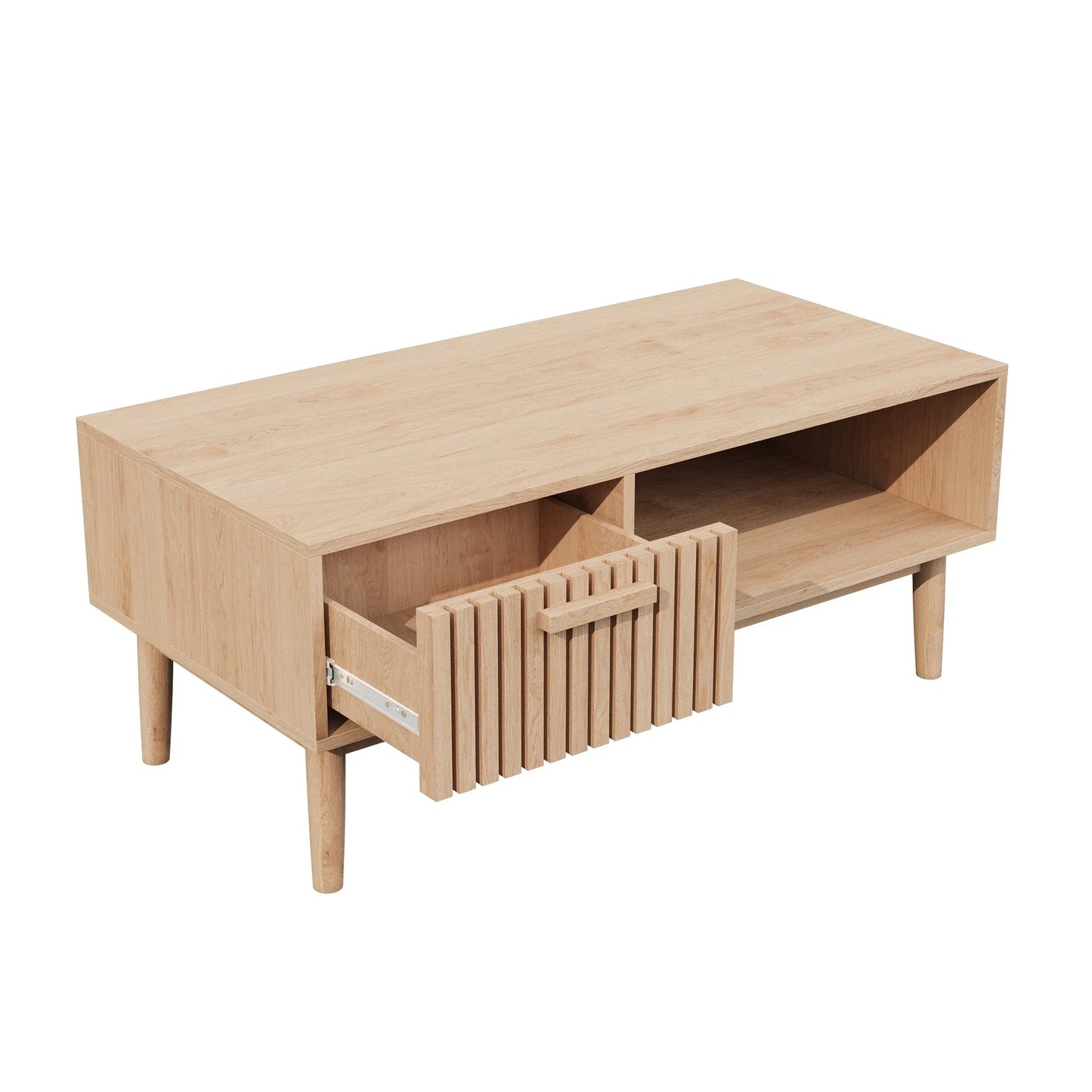 Table basse bois clair avec tiroir et compartiment ouvert