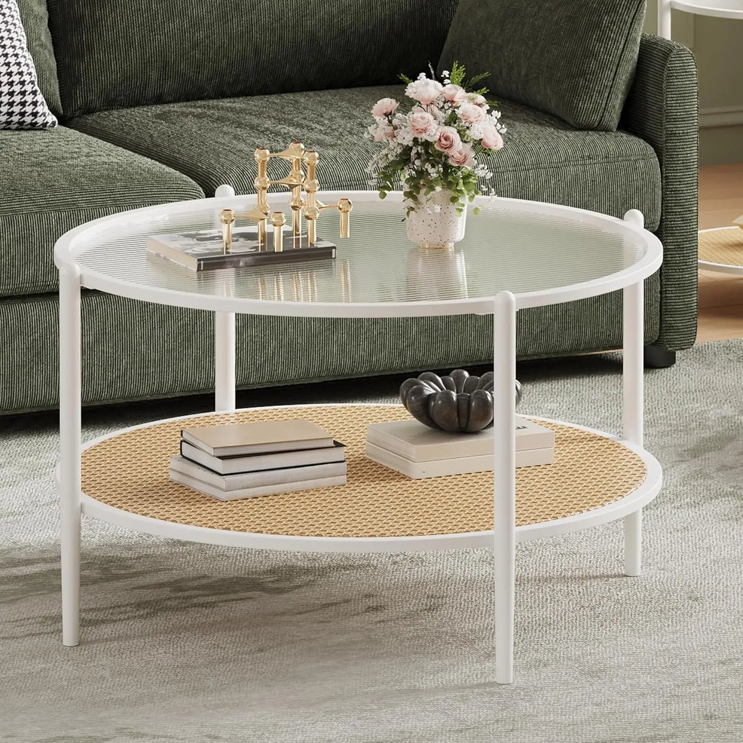 Table basse en bois et noir ronde en rotin 78 cm avec plateau en verre trempé