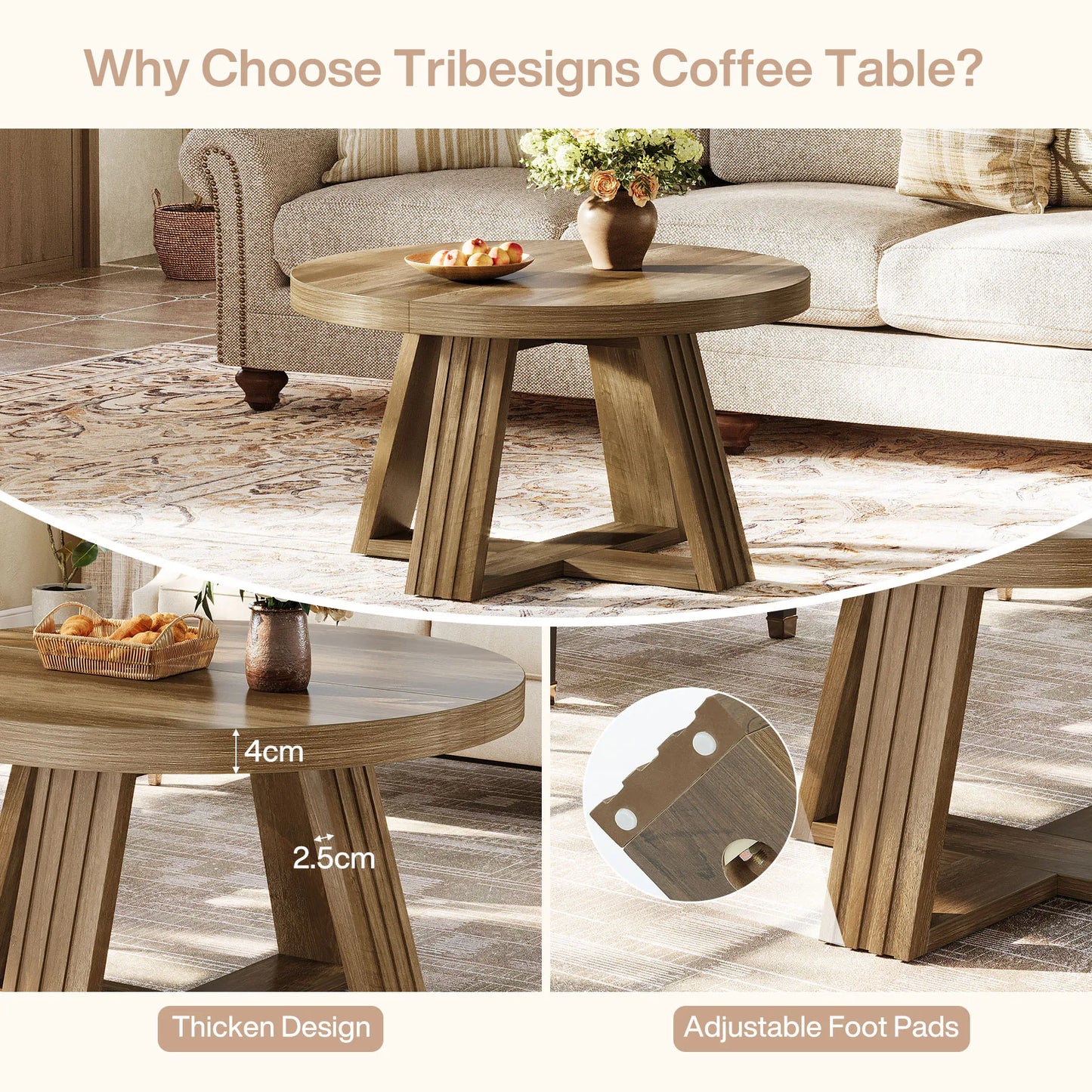 Table basse ronde en bois 80 cm avec plateau massif et piétement croisé