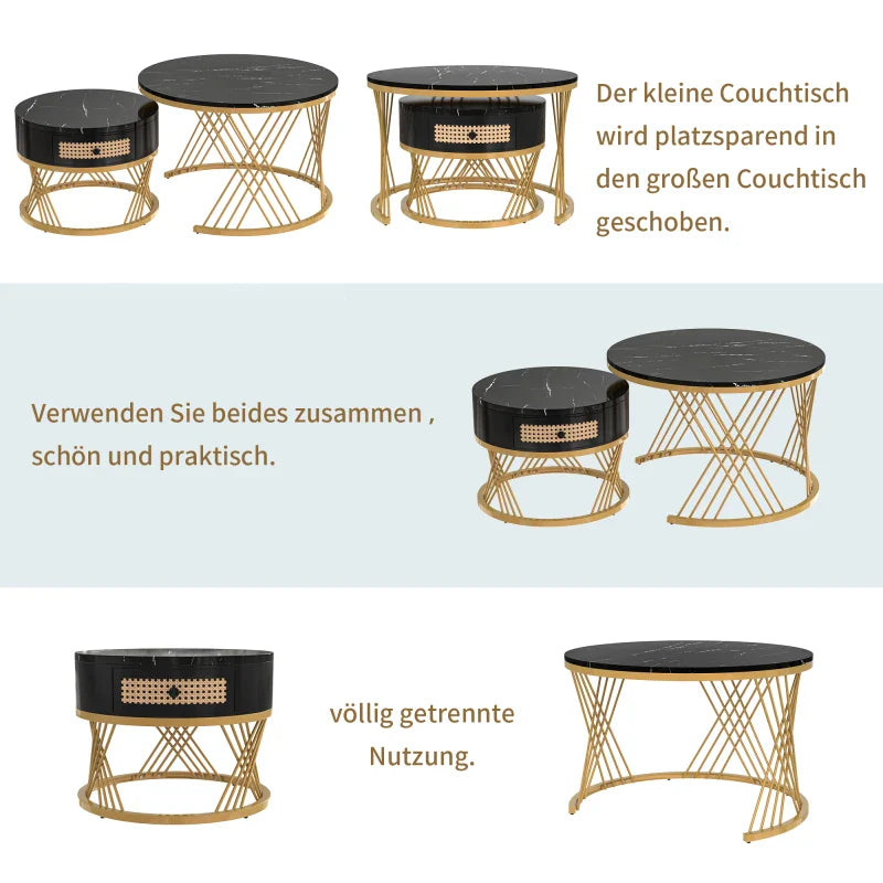 Table basse ronde en bois MDF avec plateau marbre et tiroirs rotin