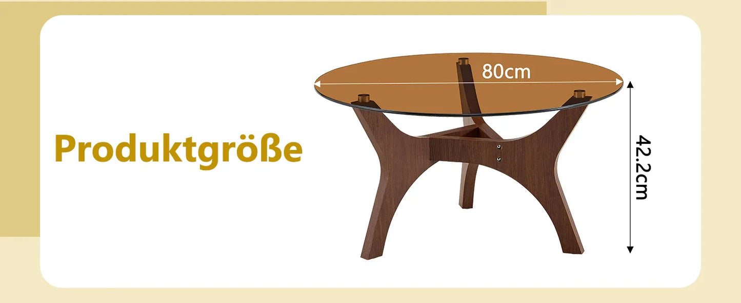 Table basse ronde en bois avec plateau verre trempé ambre 80x42,2 cm