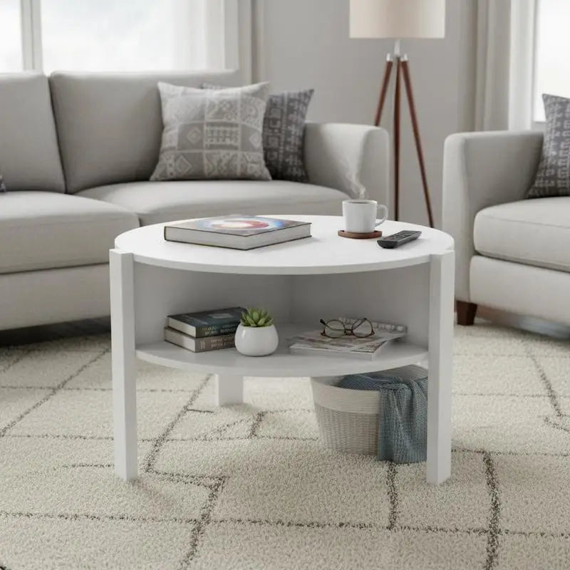 Table basse ronde en bois 2 niveaux avec rangement blanc