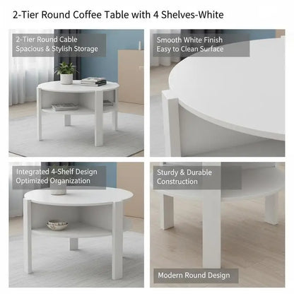 Table basse ronde en bois 2 niveaux avec rangement blanc