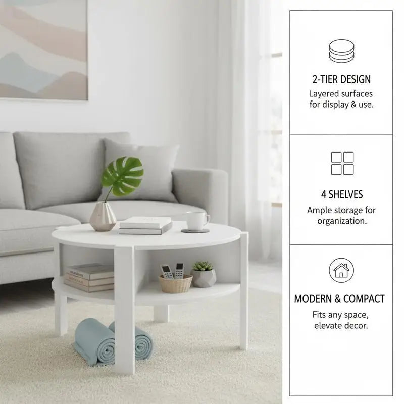 Table basse ronde en bois 2 niveaux avec rangement blanc