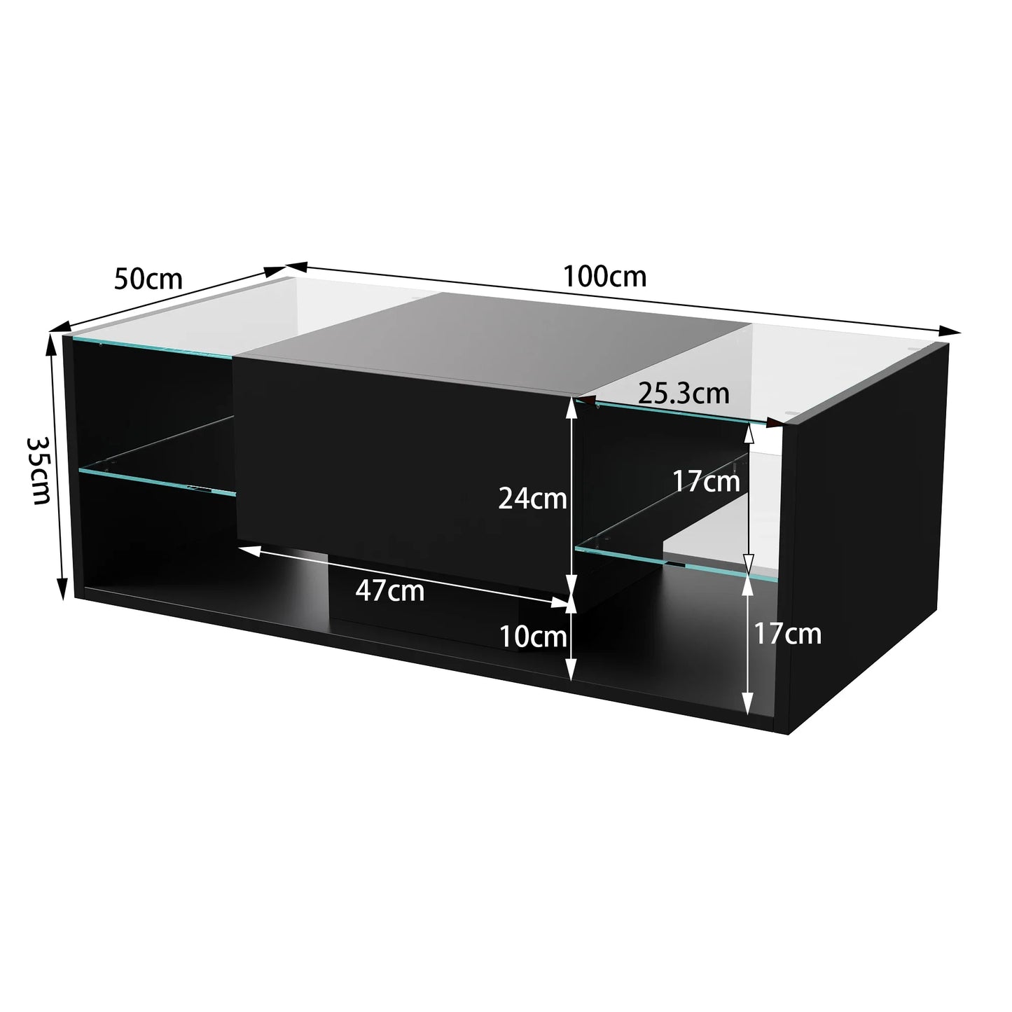 Table basse en bois et noir avec LED et tiroirs