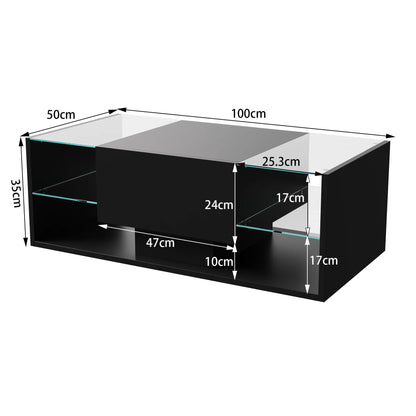 Table basse en bois et noir avec LED et tiroirs