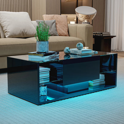 Table basse en bois et noir avec LED et tiroirs