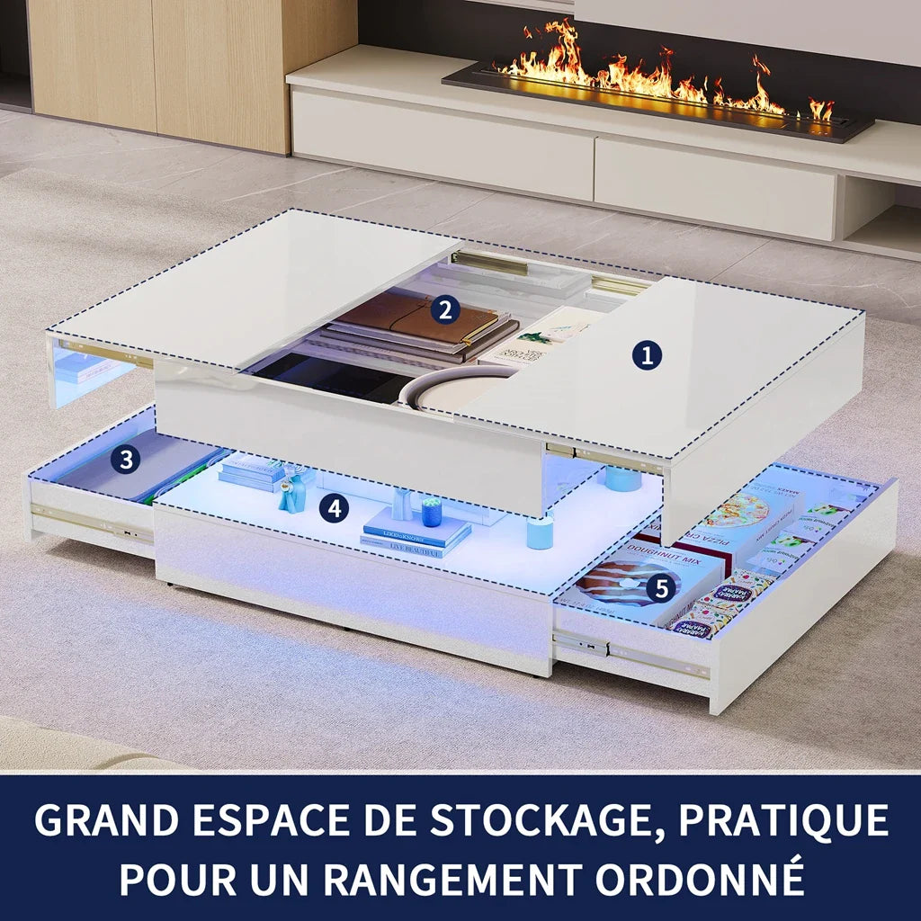 Table basse blanche et en bois rectangulaire avec LED et 2 tiroirs 100x50x45-58.5 cm