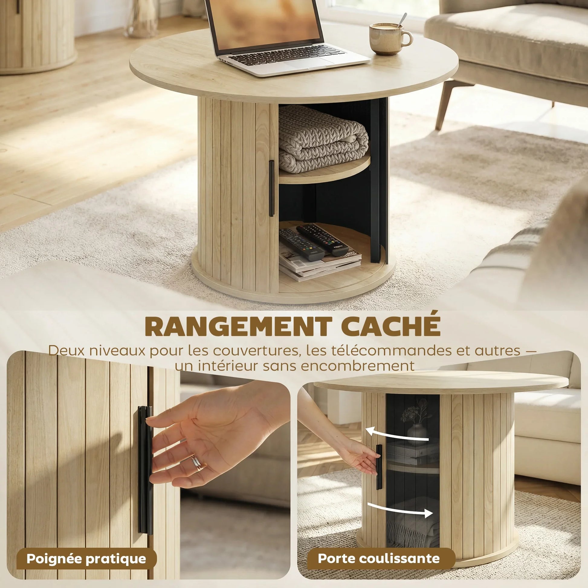Table basse bois clair ronde avec rangement caché et étagères 35 x 35 x 55 cm
