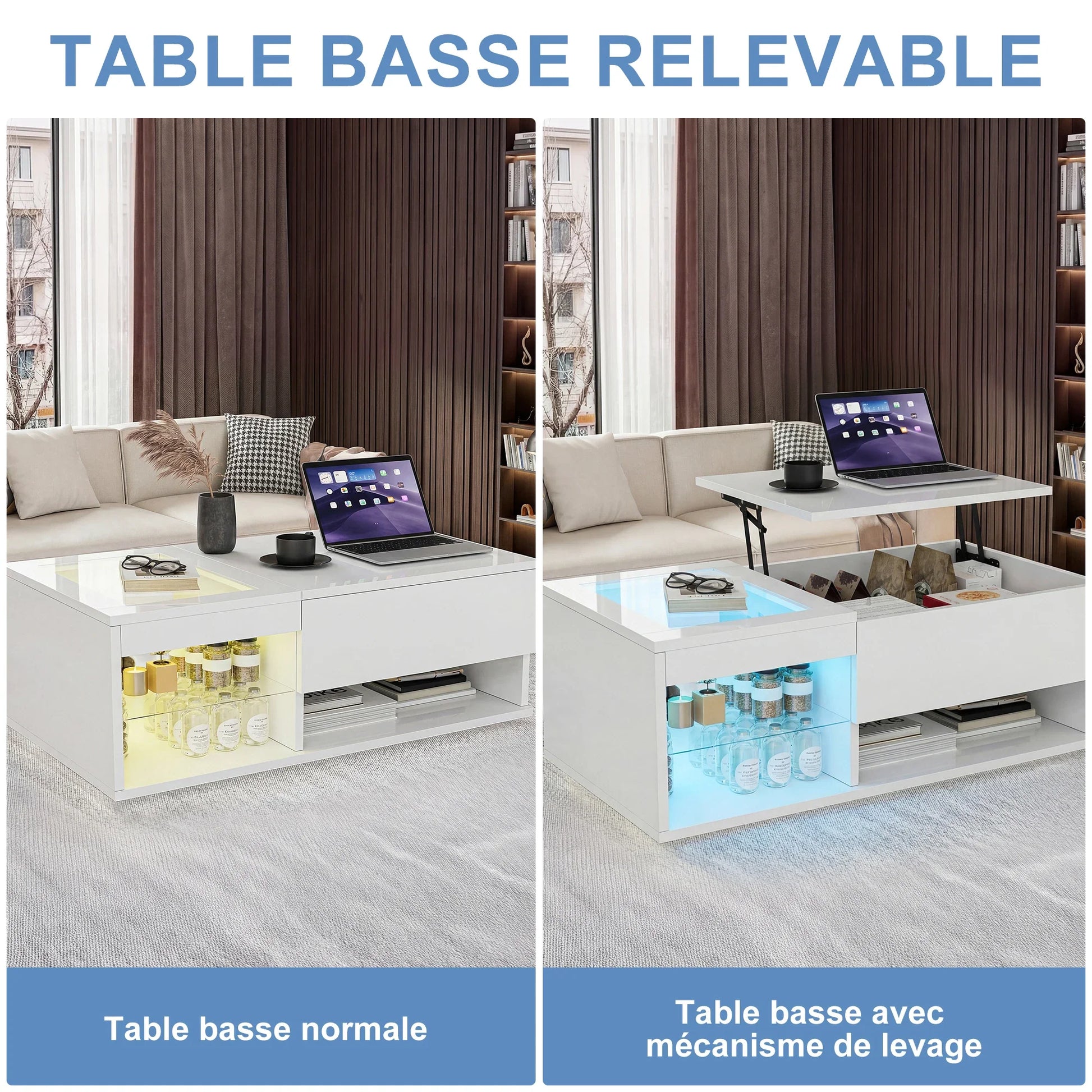 Table basse blanche et en bois rectangulaire avec plateau levant et rangement caché 100x55x35-50 cm