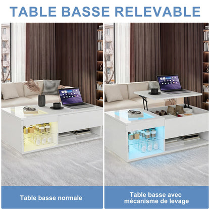 Table basse blanche et en bois rectangulaire avec plateau levant et rangement caché 100x55x35-50 cm