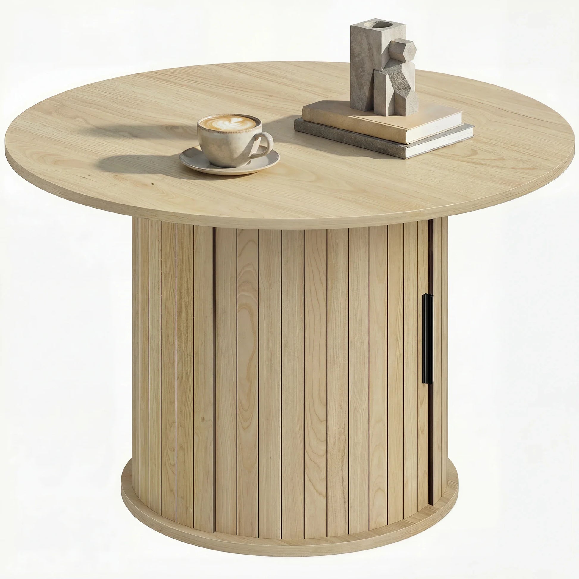 Table basse bois clair ronde avec rangement caché et étagères 35 x 35 x 55 cm