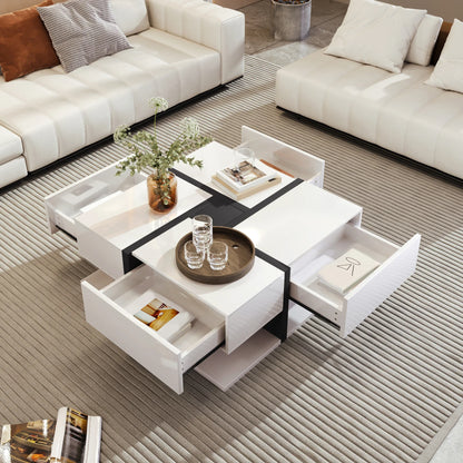 Table basse blanche et en bois avec 4 tiroirs 78x78x36 cm