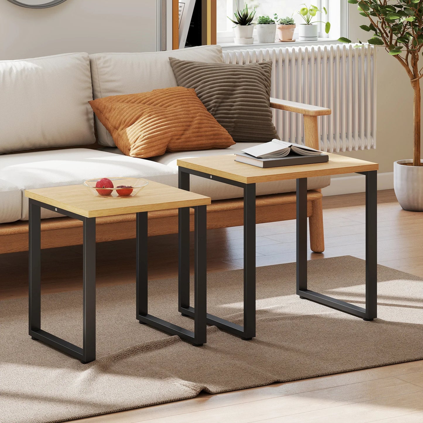 Table basse en bois et noir ensemble de 2 tables gigognes industrielles avec cadre métallique noir