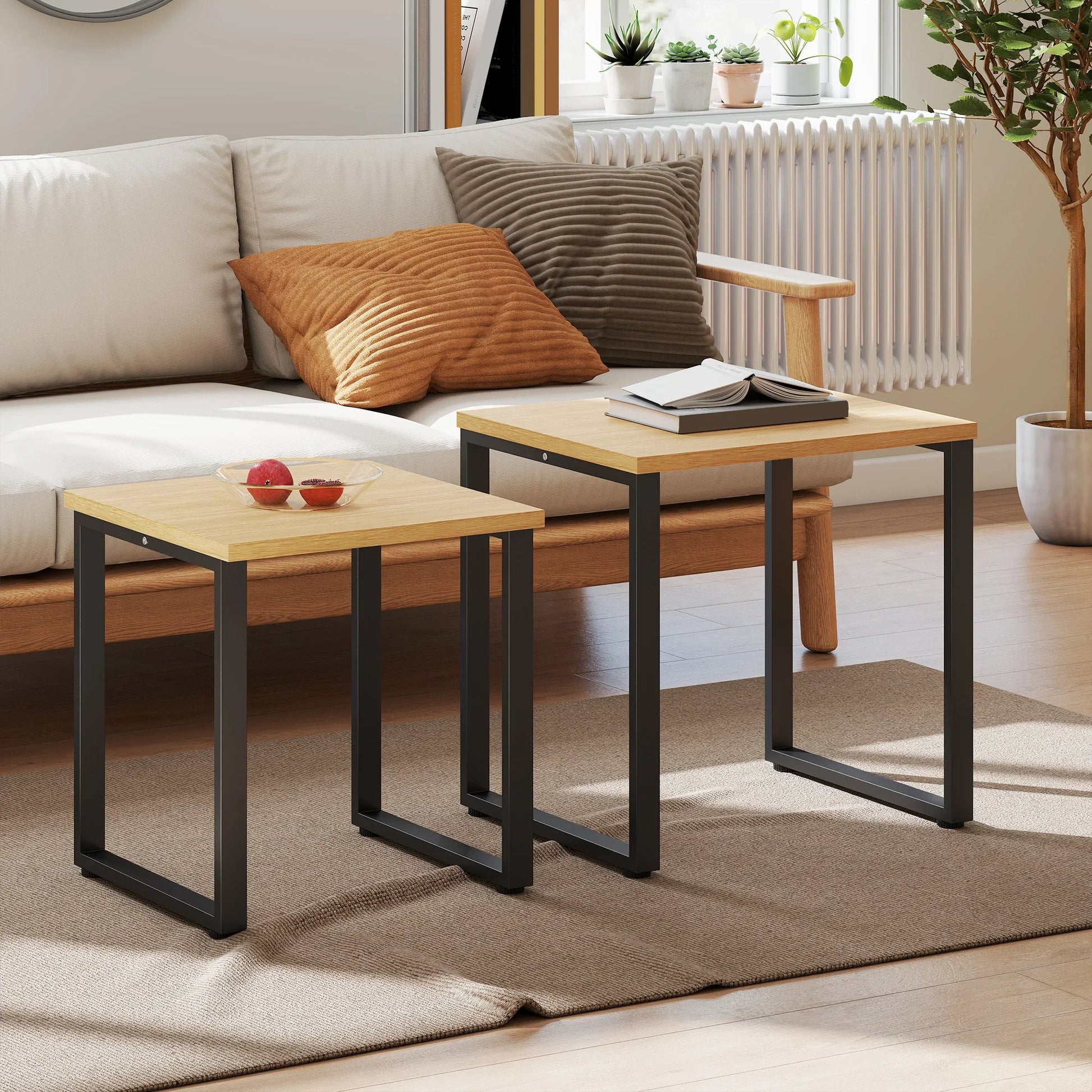 Table basse en bois et noir ensemble de 2 tables gigognes industrielles avec cadre métallique noir