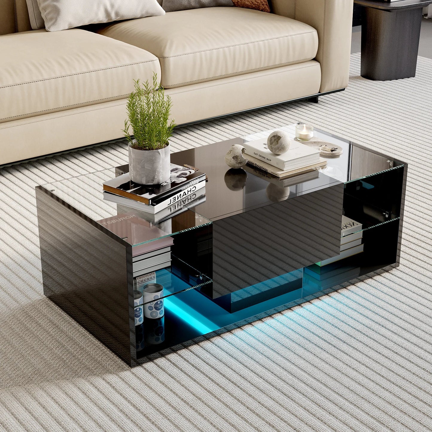 Table basse en bois et noir avec LED et tiroirs