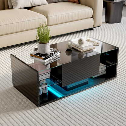 Table basse en bois et noir avec LED et tiroirs