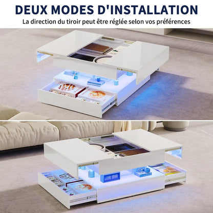 Table basse blanche et en bois rectangulaire avec LED et 2 tiroirs 100x50x45-58.5 cm