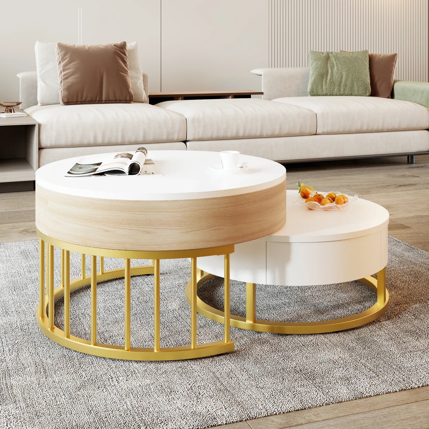 Table basse ronde en bois MDF avec verre trempé double étagère
