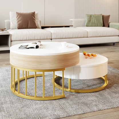 Table basse ronde en bois MDF avec verre trempé double étagère