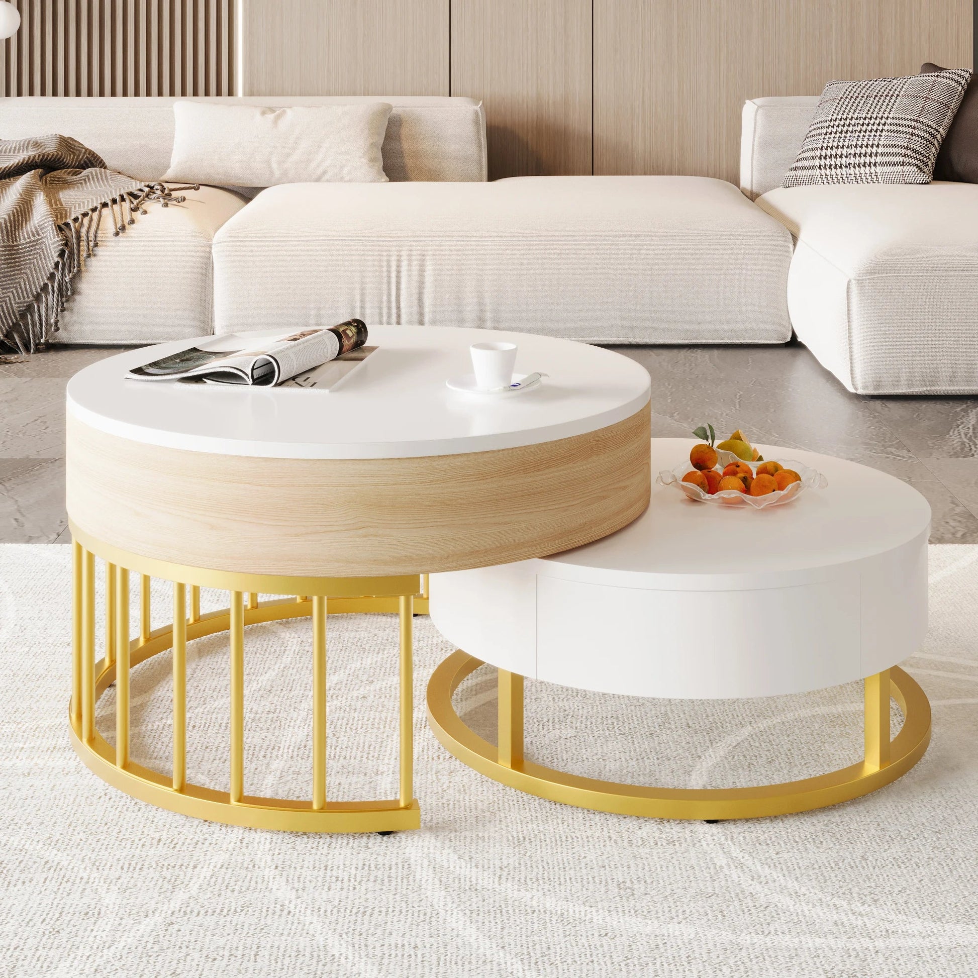 Table basse ronde en bois MDF avec verre trempé double étagère