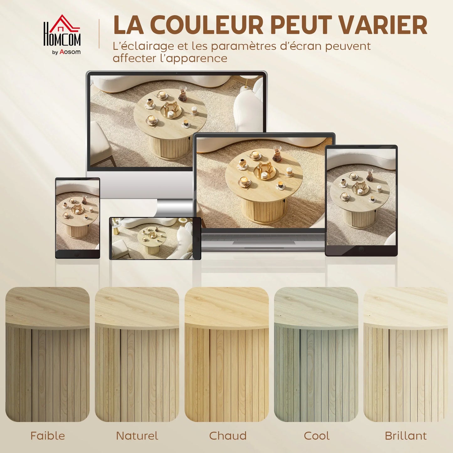 Table basse bois clair ronde avec rangement caché et étagères 35 x 35 x 55 cm
