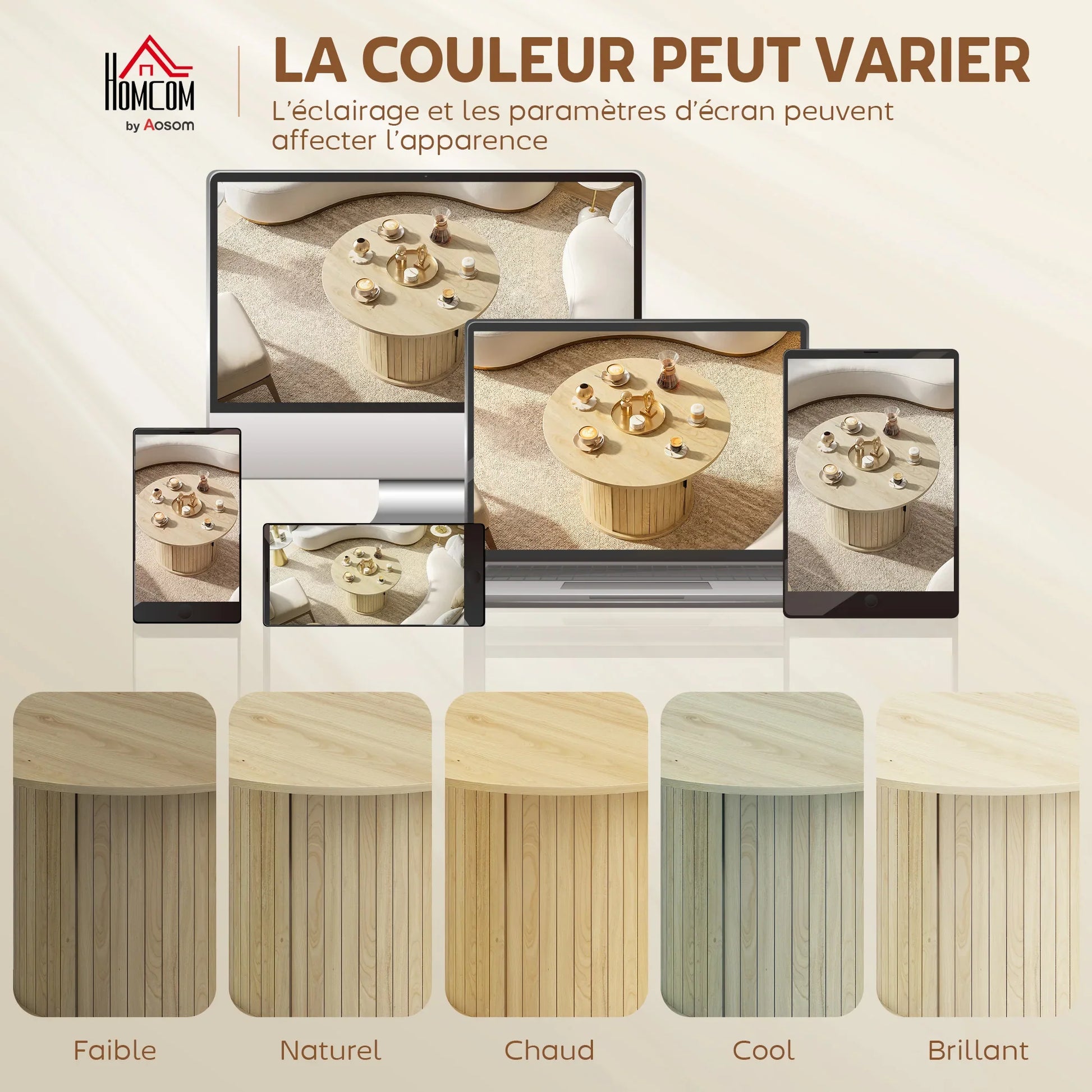 Table basse bois clair ronde avec rangement caché et étagères 35 x 35 x 55 cm