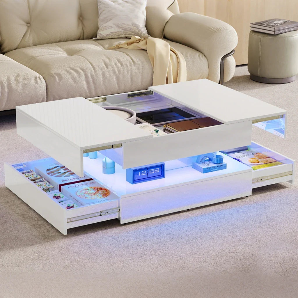 Table basse blanche et en bois rectangulaire avec LED et 2 tiroirs 100x50x45-58.5 cm