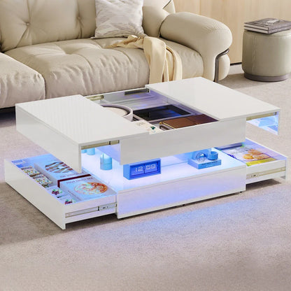 Table basse blanche et en bois rectangulaire avec LED et 2 tiroirs 100x50x45-58.5 cm