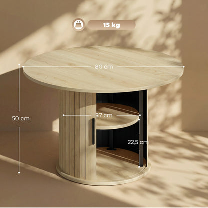 Table basse bois clair ronde avec rangement caché et étagères 35 x 35 x 55 cm