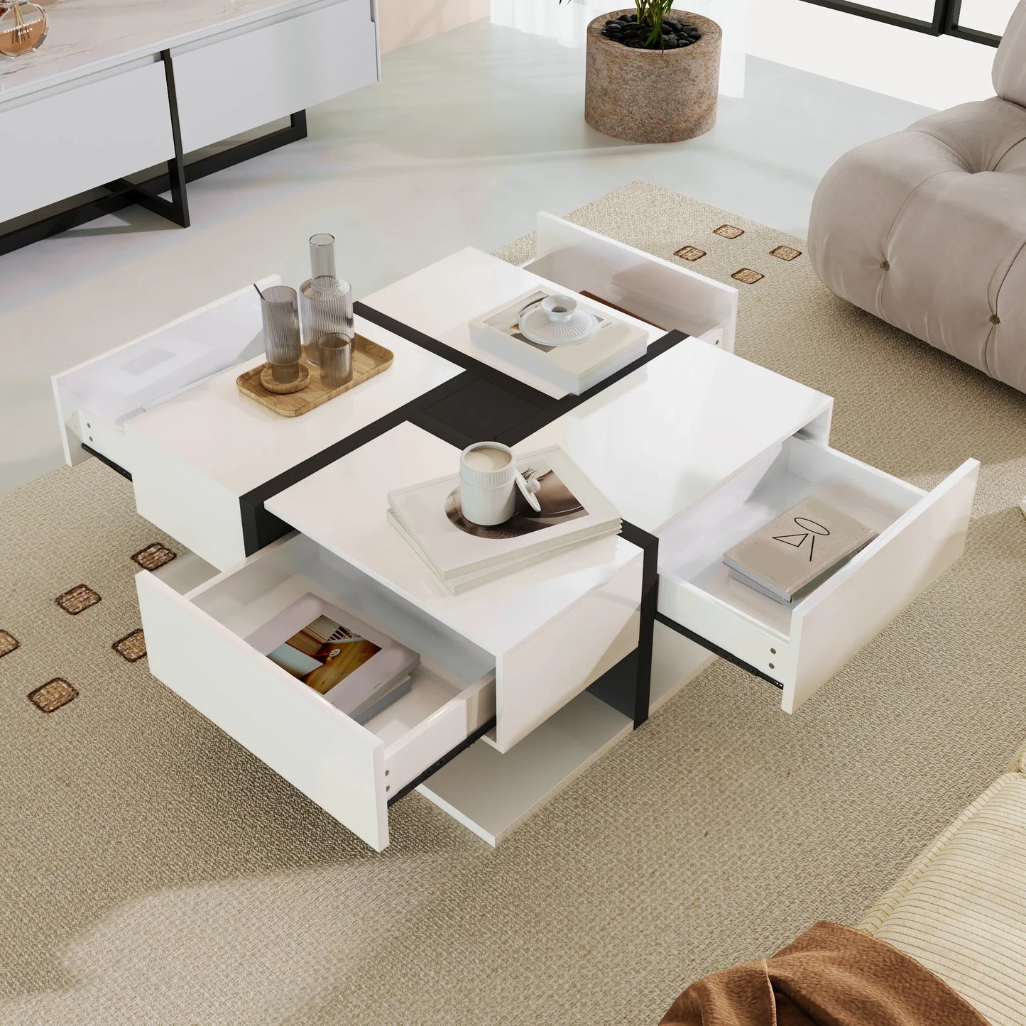 Table basse blanche et en bois avec 4 tiroirs 78x78x36 cm