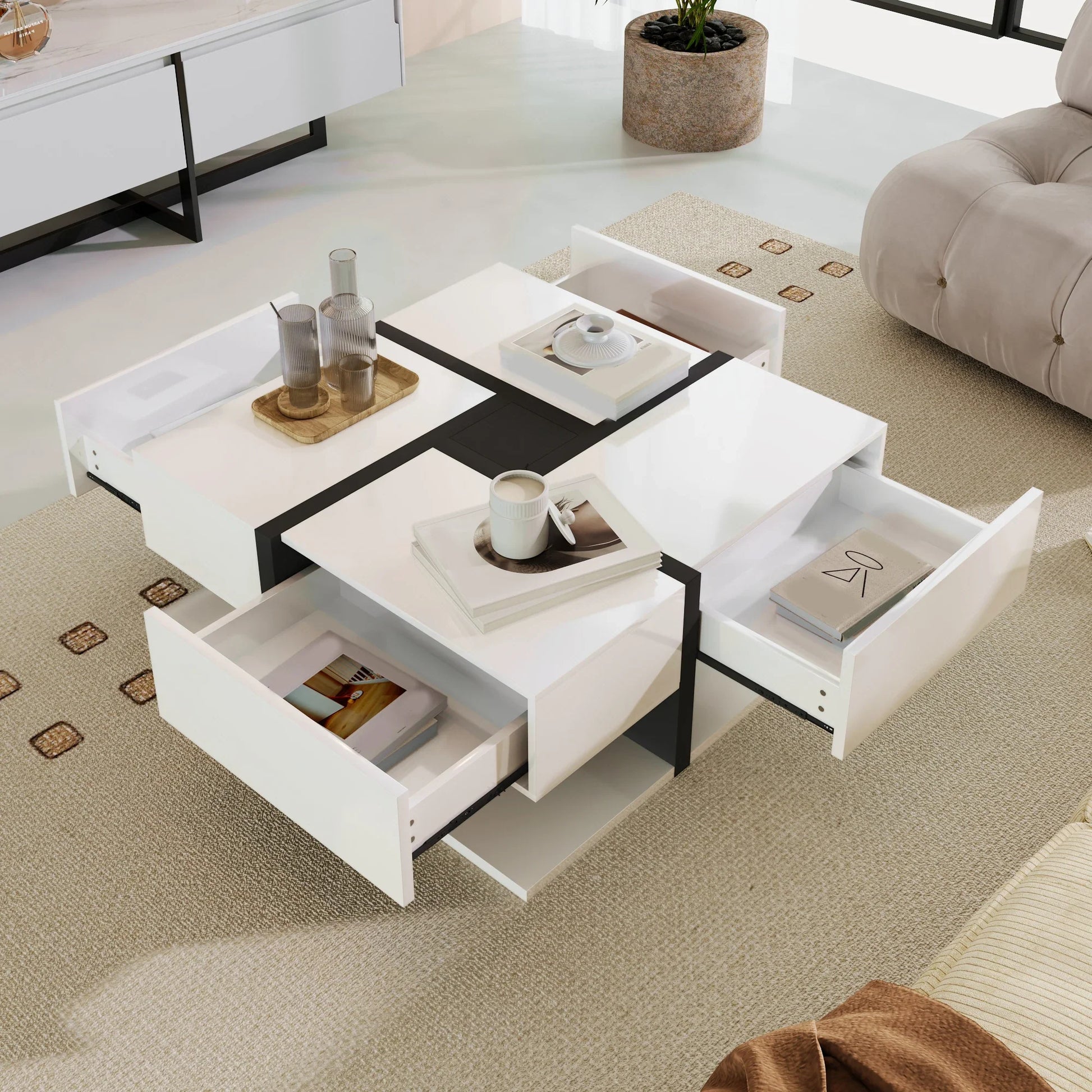 Table basse blanche et en bois avec 4 tiroirs 78x78x36 cm
