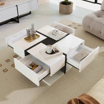 Table basse blanche et en bois avec 4 tiroirs 78x78x36 cm