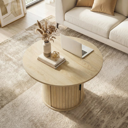 Table basse bois clair ronde avec rangement caché et étagères 35 x 35 x 55 cm