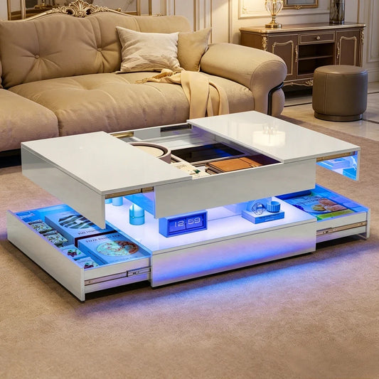 Table basse blanche et en bois rectangulaire avec LED et 2 tiroirs 100x50x45-58.5 cm
