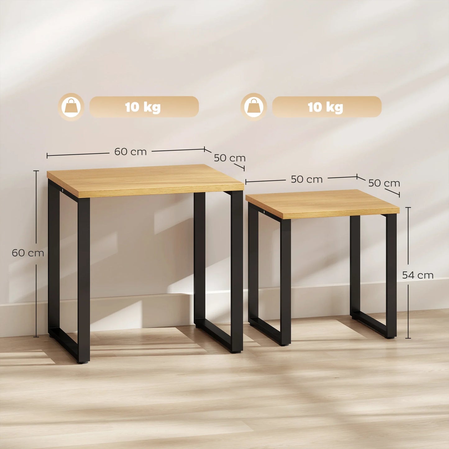Table basse en bois et noir ensemble de 2 tables gigognes industrielles avec cadre métallique noir