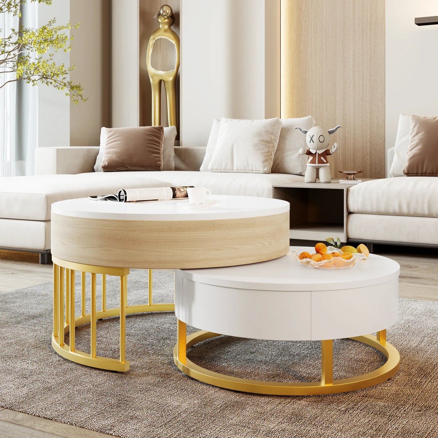 Table basse ronde en bois MDF avec verre trempé double étagère