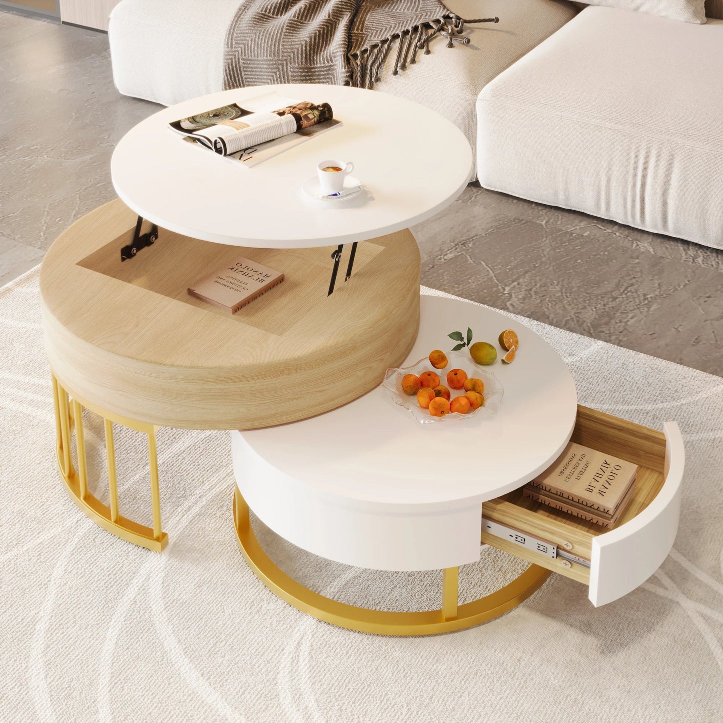 Table basse ronde en bois MDF avec verre trempé double étagère