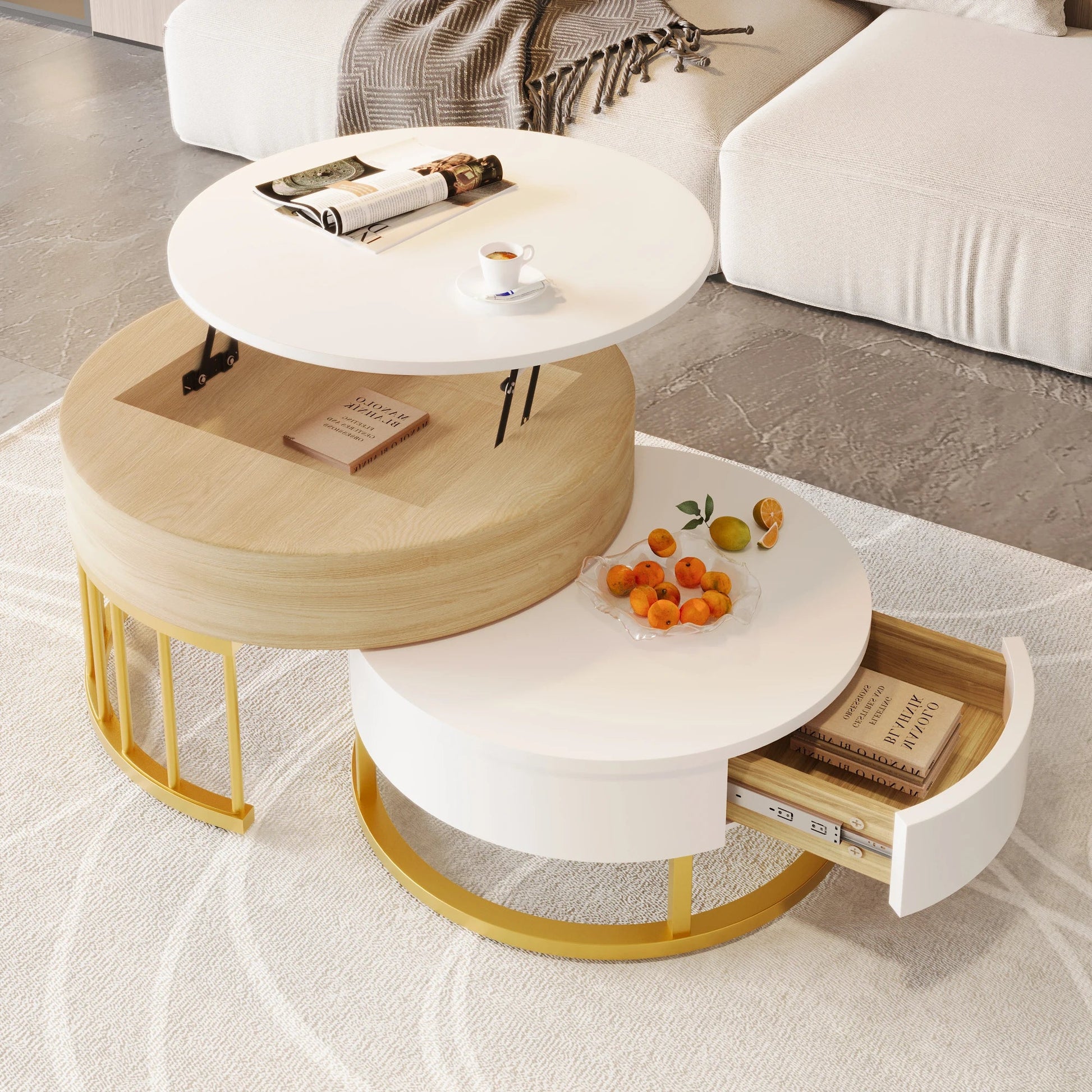 Table basse ronde en bois MDF avec verre trempé double étagère
