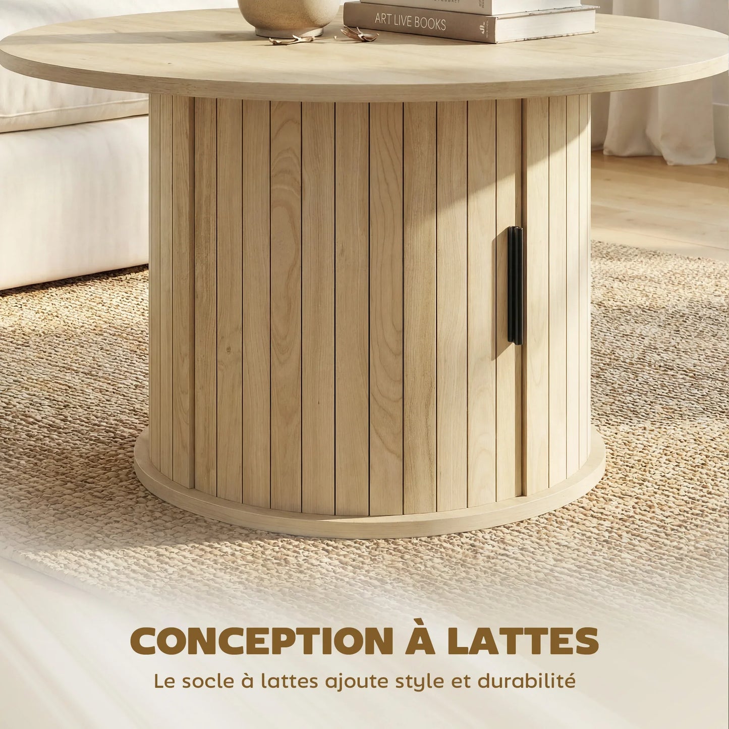 Table basse bois clair ronde avec rangement caché et étagères 35 x 35 x 55 cm