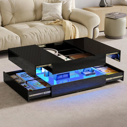 Table basse blanche et en bois rectangulaire avec LED et 2 tiroirs 100x50x45-58.5 cm
