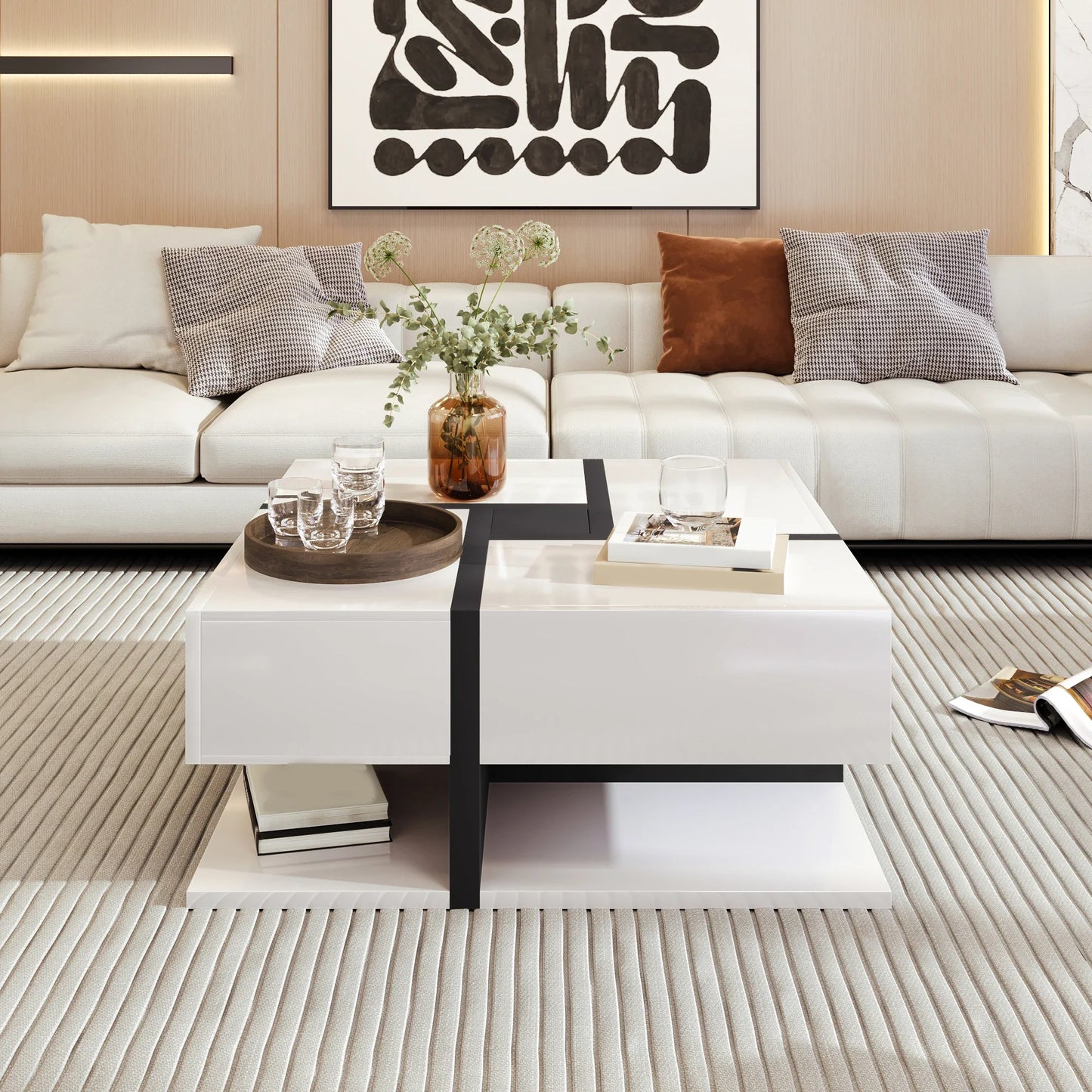Table basse blanche et en bois avec 4 tiroirs 78x78x36 cm