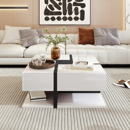 Table basse blanche et en bois avec 4 tiroirs 78x78x36 cm