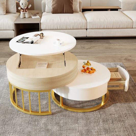 Table basse ronde en bois MDF avec verre trempé double étagère