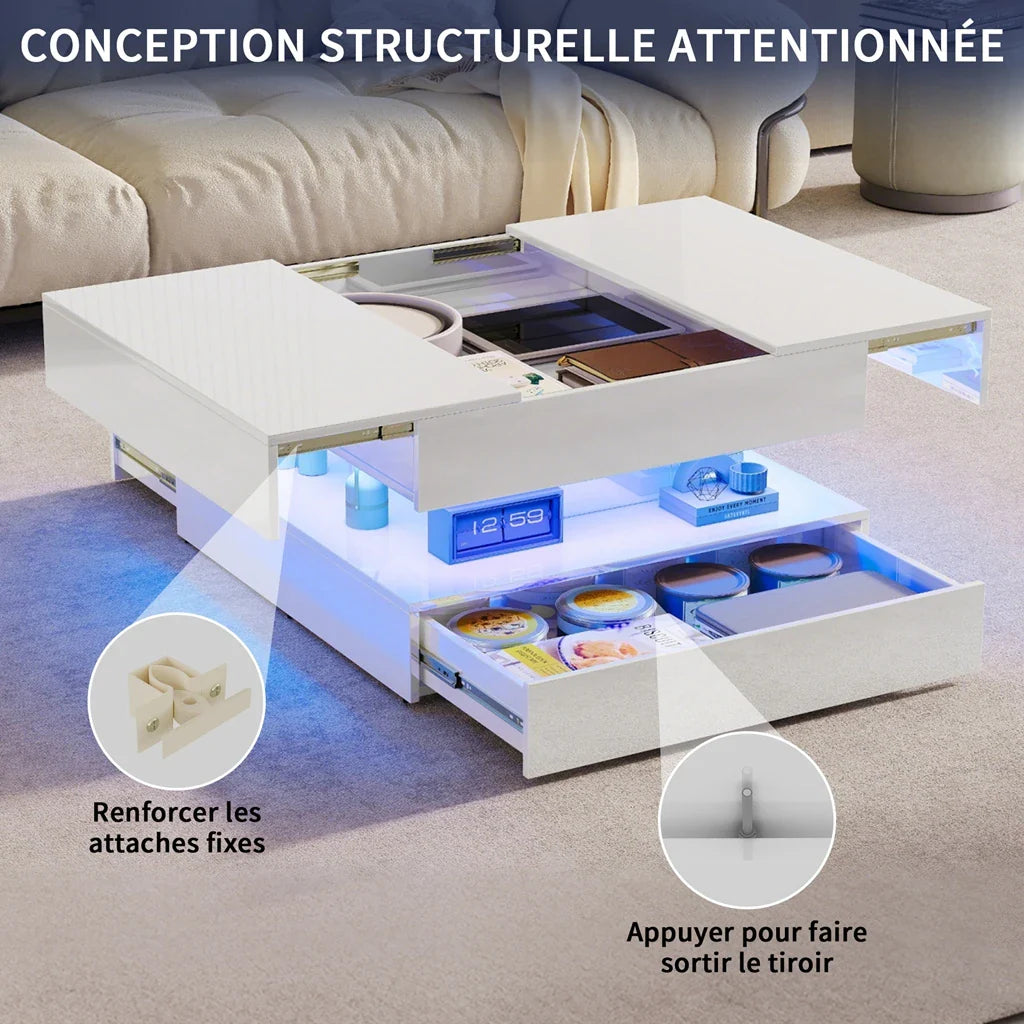 Table basse blanche et en bois rectangulaire avec LED et 2 tiroirs 100x50x45-58.5 cm